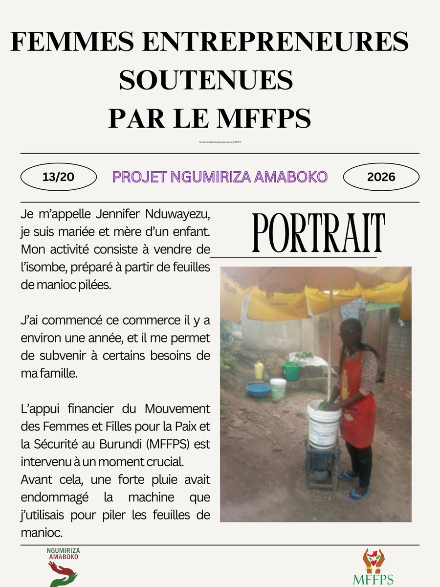 Burundi_mffps's tweet photo. À travers le projet Ngumiriza Amaboko, le #MFFPS met à l’honneur des femmes qui construisent leur autonomie et transforment leur avenir.
Pour ce treizième portrait, nous vous présentons Jennifer Nduwayezu.
#GiveToGain
#NgumirizaAmaboko