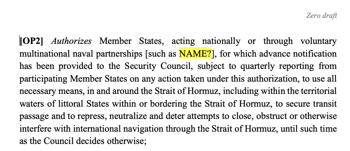 Adlamassoud's tweet photo. 🚨🚨UN Security Council to start negotiations on Bahrain draft authorising force to protect shipping in the Strait of Hormuz, as seen by @TheNationalNews 
Acting under Chapter VII of the UN Charter, the 'zero' draft  calls for the autorisation for member states, "acting nationally or through voluntary  multinational naval partnerships” to use “all necessary means in and around the Strait of Hormuz.
#IranWar‌