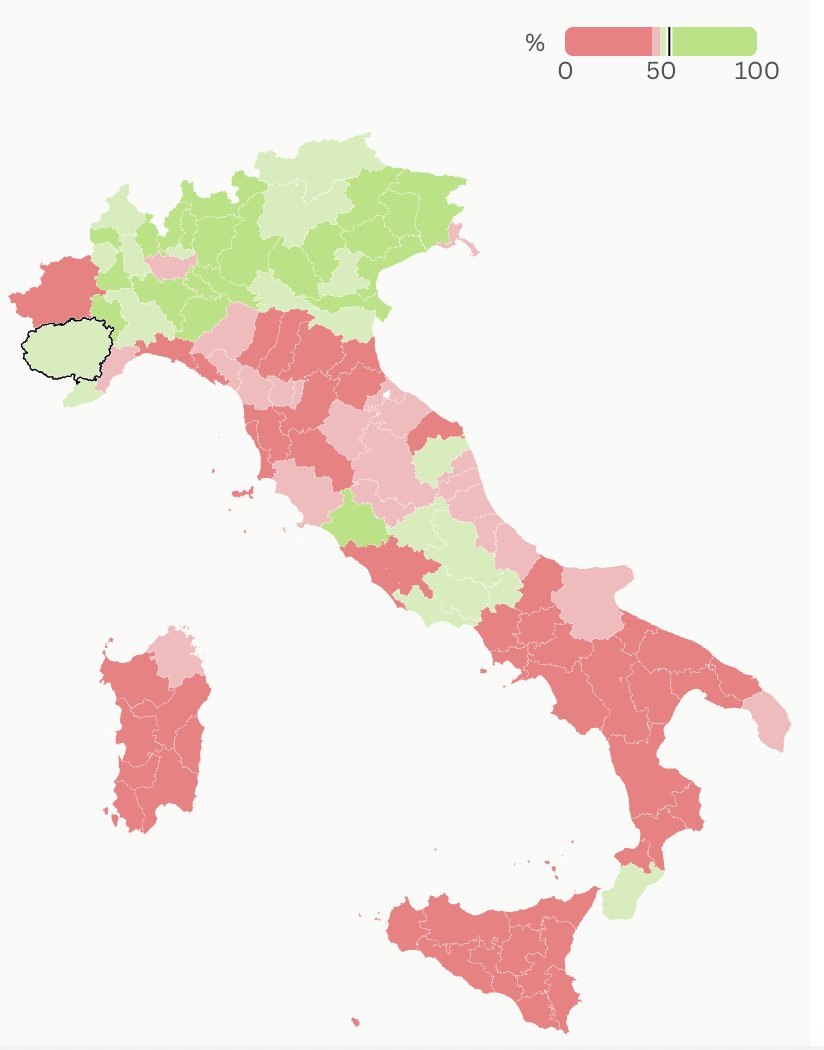 ilpost's tweet photo. Come si è votato, regione per regione, provincia per provincia

Questi sono i dati provvisori, a un terzo dello spoglio, divisi per regione. Il rosso indica un vantaggio del No, il verde del Sì, colori più intensi indicano vantaggi maggiori https://t.co/eH9SoM0xVs