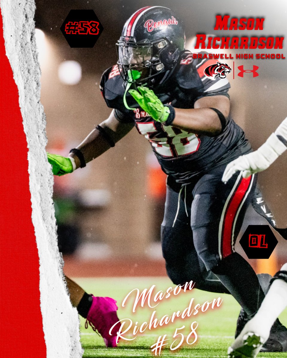 Mason Richardson
<a href="/MasonRich58/">Mason Richardson</a>
2027 OL | Braswell HS (TX 6A)
5’10 265
G/C

Tough interior lineman who understands leverage and plays with a physical edge. Versatile player who can anchor the middle of the OL. 

🎥 hudl.com/video/3/184598…
#TrenchMob #TXHSFB #RecruitBraswell
