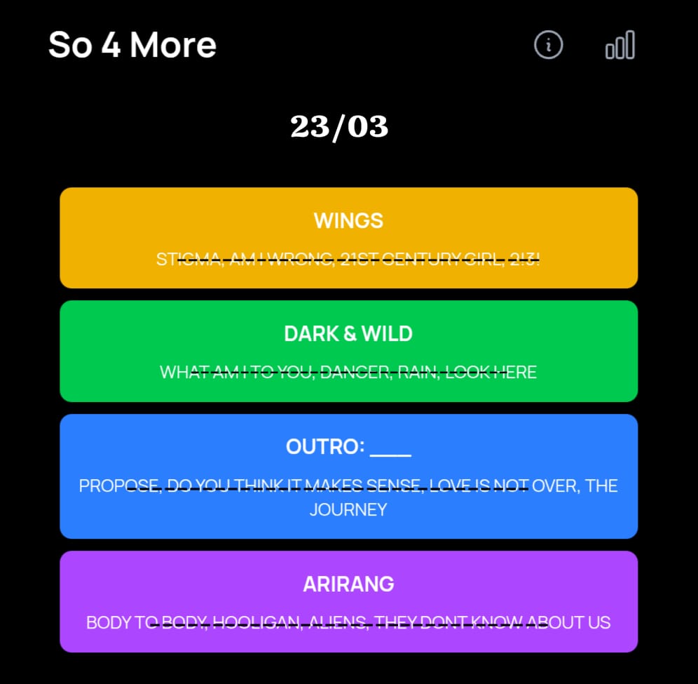 DICAS/HINT BCD GAMES 23/03

HEARDLE: The Kid Laroi Feat. Jungkook/ T_O  M_CH

FILM OUT: Hyundai Versão/ MV oficial/ My moment is Y_T   T_   C_ME

BLUE AND GREY: complete o título da música: M_RRY Go Round