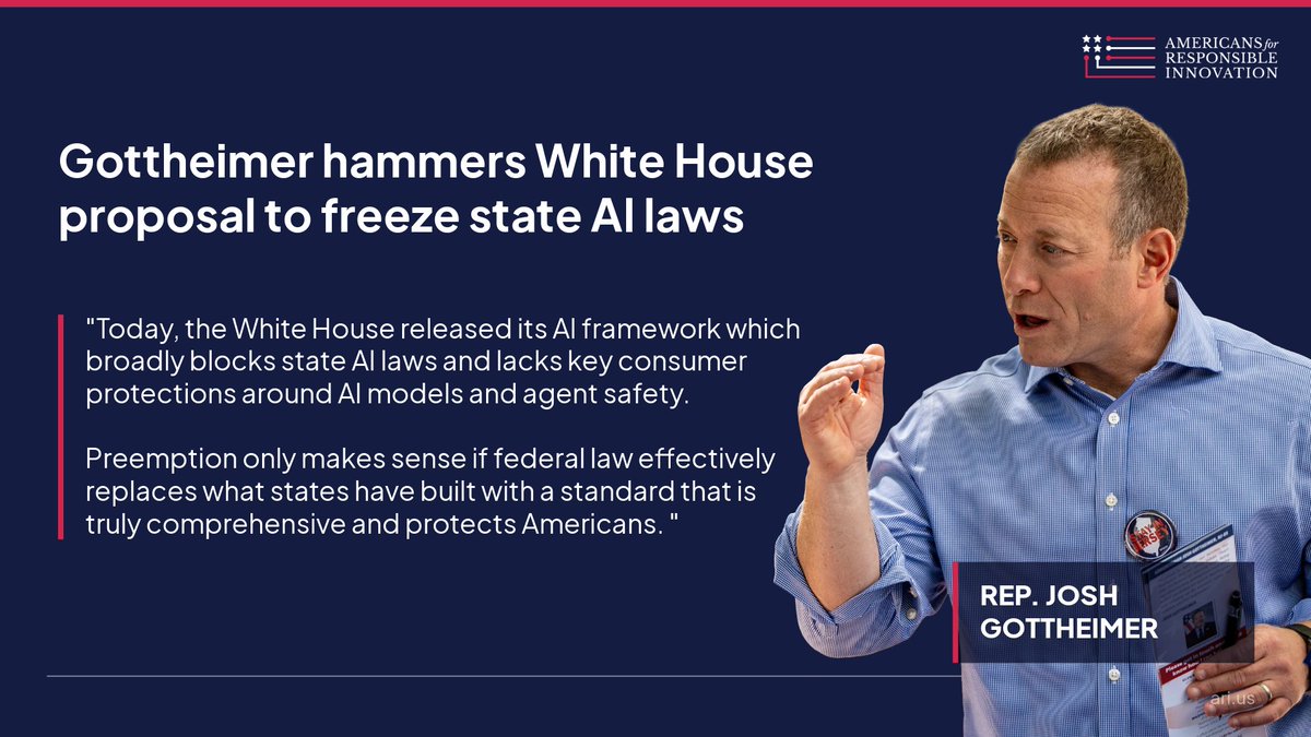 americans4ri's tweet photo. "Preemption only makes sense if federal law effectively replaces what states have built with a standard that is truly comprehensive and protects Americans."

Great statement from @RepGottheimer on the White House's latest effort to preempt state AI laws. https://t.co/MIk1cICWyJ