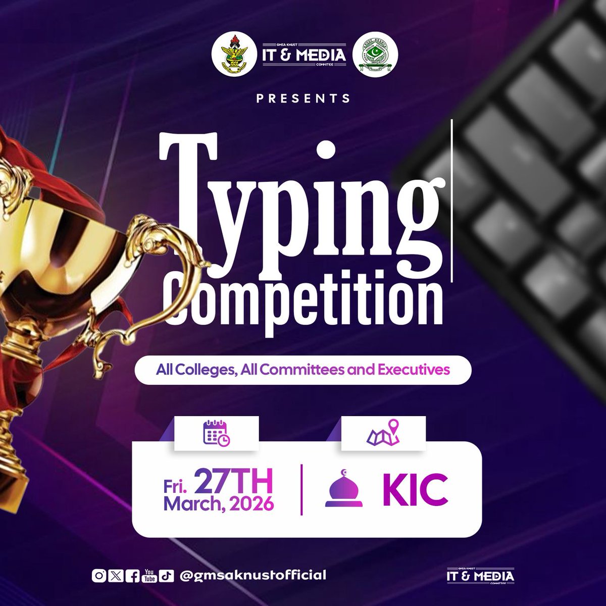 Ready to show your typing skills? 😌
The IT &amp; Media Committee proudly presents a Typing Competition for all Colleges, Committees, and Executives. 🎉

🗓 Friday, 27th March 2026
🕰 Right after Isha
📍 KIC

Come and compete, have fun, and prove that your fingers are on fire 🔥