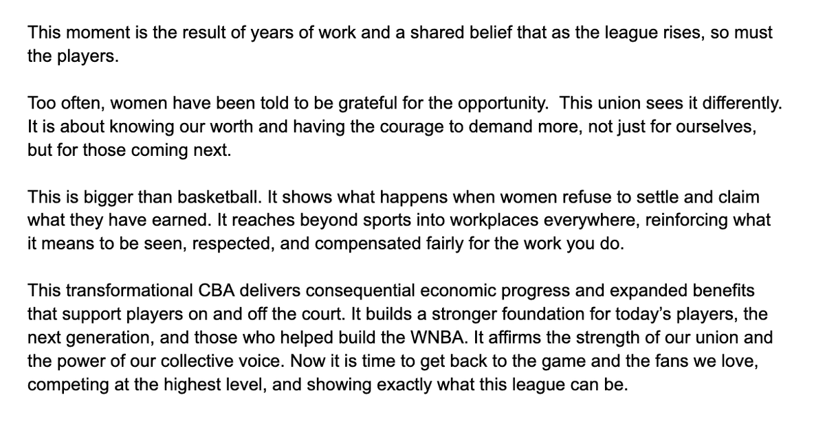 Following Nneka Ogwumike's interview on ESPN First Take, the WNBPA has released a statement confirming that with over 90% participation and an unanimous vote, the player body has approved and ratified the terms of the 2026 CBA.

Read the rest of the statement below.
