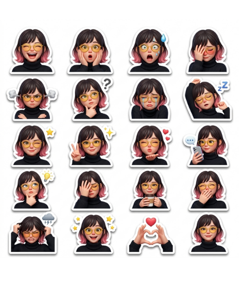 MatoToushi's tweet photo. Using the attached reference image as the base character,
create a single high-resolution sticker sheet collage
featuring at least 20 cute sticker-style illustrations of this exact character.

Preserve the face, skin tone, hairstyle, and overall appearance
exactly as shown in the reference.

Each sticker shows a different expression or reaction:
- Laughing hard
- Surprised
- Shocked
- Shy / blushing
- Angry
- Confused
- Crying
- Sleepy
- Winking
- Peace sign
- Blowing a kiss
- Holding a phone
- Thinking
- Hand on face
- Holding a coffee cup
- Laughing with hand over mouth
- Frustrated
- Excited
- Heart gesture
- Cute neutral pose

Design each as an individual die-cut sticker
with a thick white outline border and a soft drop shadow.

No text, no watermark, no lettering on any sticker.

Arrange all stickers in a balanced grid layout
on a single image with a clean white background.

The overall feel should resemble
an Instagram or WhatsApp sticker pack.

Ultra-detailed, high-resolution,
smooth 3D render finish, professional quality.