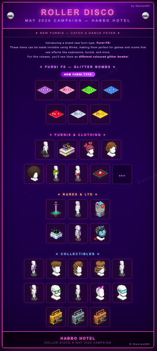 DavionHH's tweet photo. 🪩 Roller Disco is rolling into @Habbo this May! New FX, Furnis, Clothing, Rares, LTDs &amp; Collectibles incoming. Get ready to hit the dance floor! 🛼✨

#Habbo #RollerDisco #HabboMay2026 https://t.co/encZi1UChZ