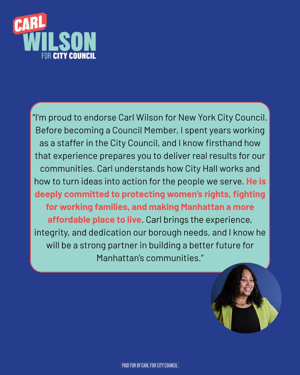 Honored to have the endorsement of Council Member Elsie Encarnacion. As a former Council staffer, she knows how experience translates into real results. Proud to share her commitment to protecting women’s rights, supporting working families, and making Manhattan more affordable.