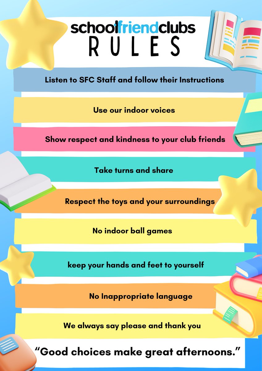 📷 A quick little reminder from us! 📷
Below are our club rules , nothing scary, just the bits that help us keep things running smoothly and make sure every child has the best time with us.Please have a read when you get a moment. It really helps us keep the club fun, safe.