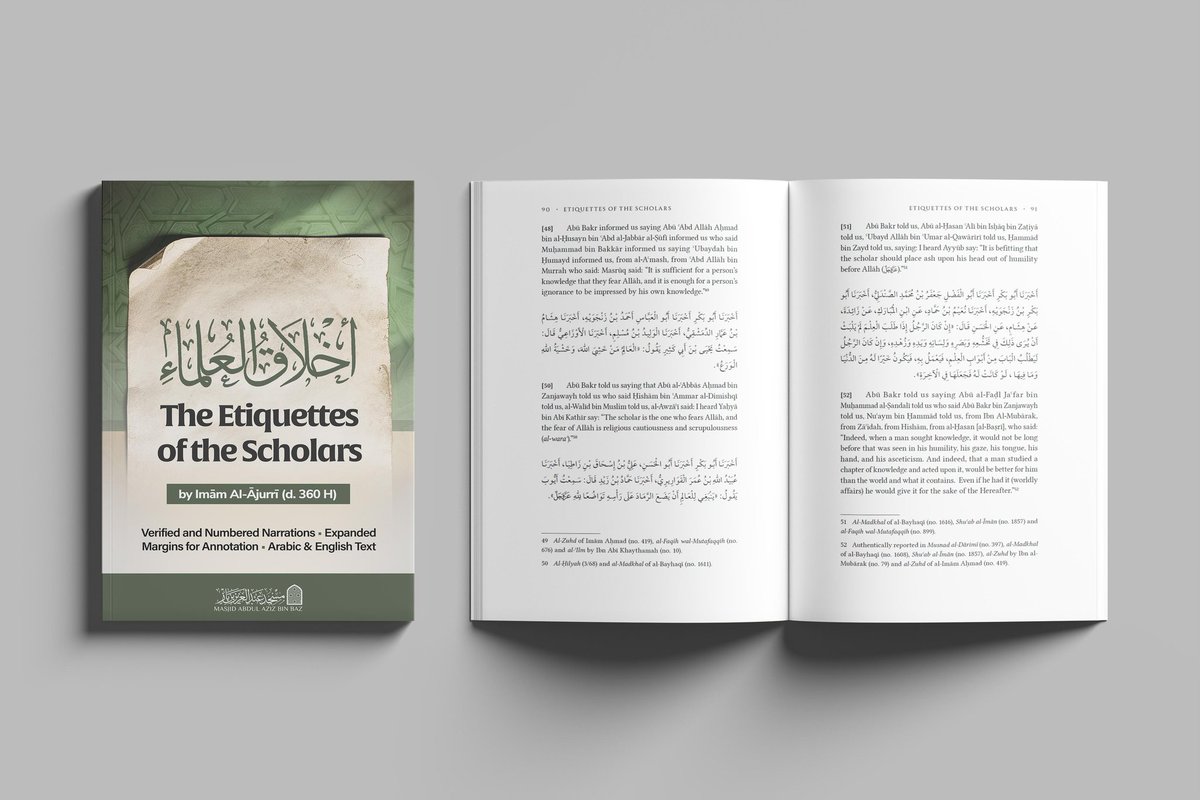 Athariyyah's tweet photo. 🆕️ The Latest Al-Athariyyah Book Publication - Coming Soon!

📖 Our new book 'The Etiquettes of the Scholars' of Imām al-Ājurrī will be available soon as an accompaniment to the much anticipated upcoming Dawrah with Shaykh Abu Hafsah Kashiff @AbuHafsahKK and Shaykh Muḥammad Amīn al-Jazāʾirī - Live in Person - at Masjid Bin Bāz, East London, United Kingdom 

✒️ The Book has been translated and referenced by Shaykh Abū ʿAbd al-Raḥmān Uways al-Ṭawīl @uwaysT 

🔃 Please follow us for updates on the book availability. More details coming soon inshā'Allāh...