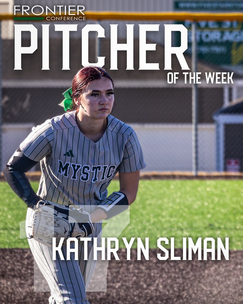 BSCMystics's tweet photo. 🥎 PITCHER OF THE WEEK

Congratulations to Kathryn Sliman on being named Frontier Conference Pitcher of the Week!

She tossed 8.2 innings in last weekend's series against Carroll, allowing just one run for a 0.81 ERA.

Congrats Kat!

Full Story: https://t.co/IspPycMdJO https://t.co/usBuLwFtIA