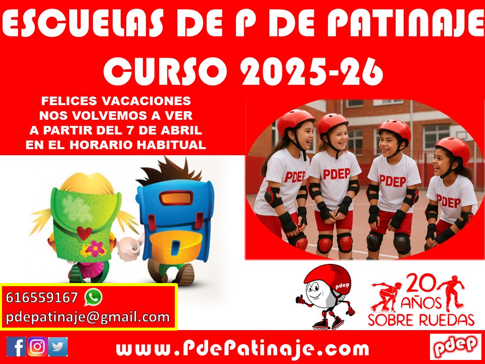 PdePatinaje's tweet photo. FELICES VACACIONES, NOS VOLVEMOS A VER A PARTIR DEL 7 EN EL HORARIO HABITUAL
Nosotr@s estos días tendremos nuestro Campus de Primavera, y ya sabéis que el viernes 2️⃣4️⃣ de Abril tenemos nuestro #DiaSinCole ⚠️📣🚨
#20añosDandoClasesDePatinaje 🎂
#PatinaYDisfruta https://t.co/WBPRPYVjvy