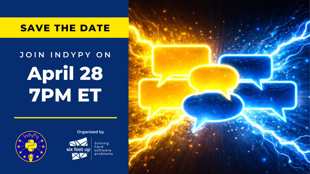 sixfeetup's tweet photo. ⚡ 5 minutes. That's all it takes to share something that could spark a fellow Pythonista's next big idea.

@indypy is looking for Lightning Talk speakers (in person or remote) for Tues, Apr 28. 

🎤 Submit your idea by April 16 → https://t.co/mnqJZXGb4Q https://t.co/xZoQpbwfB0