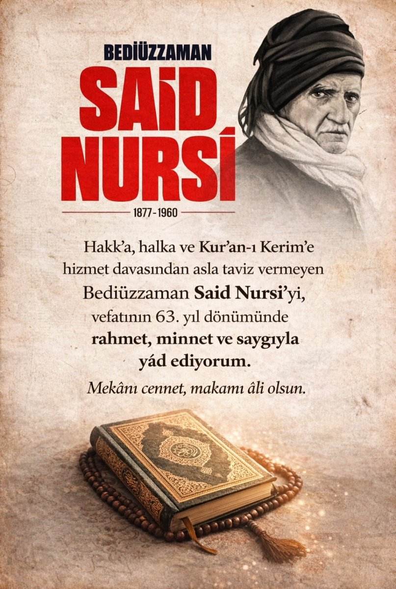 “Hakk’a, halka ve Kur'an-ı Kerim’e hizmet davasından asla taviz vermeyen Bediüzzaman Said Nursi’yi, vefatının 63. yıl dönümünde rahmet, minnet ve saygıyla yâd ediyorum. Mekânı cennet, makamı âli olsun.”