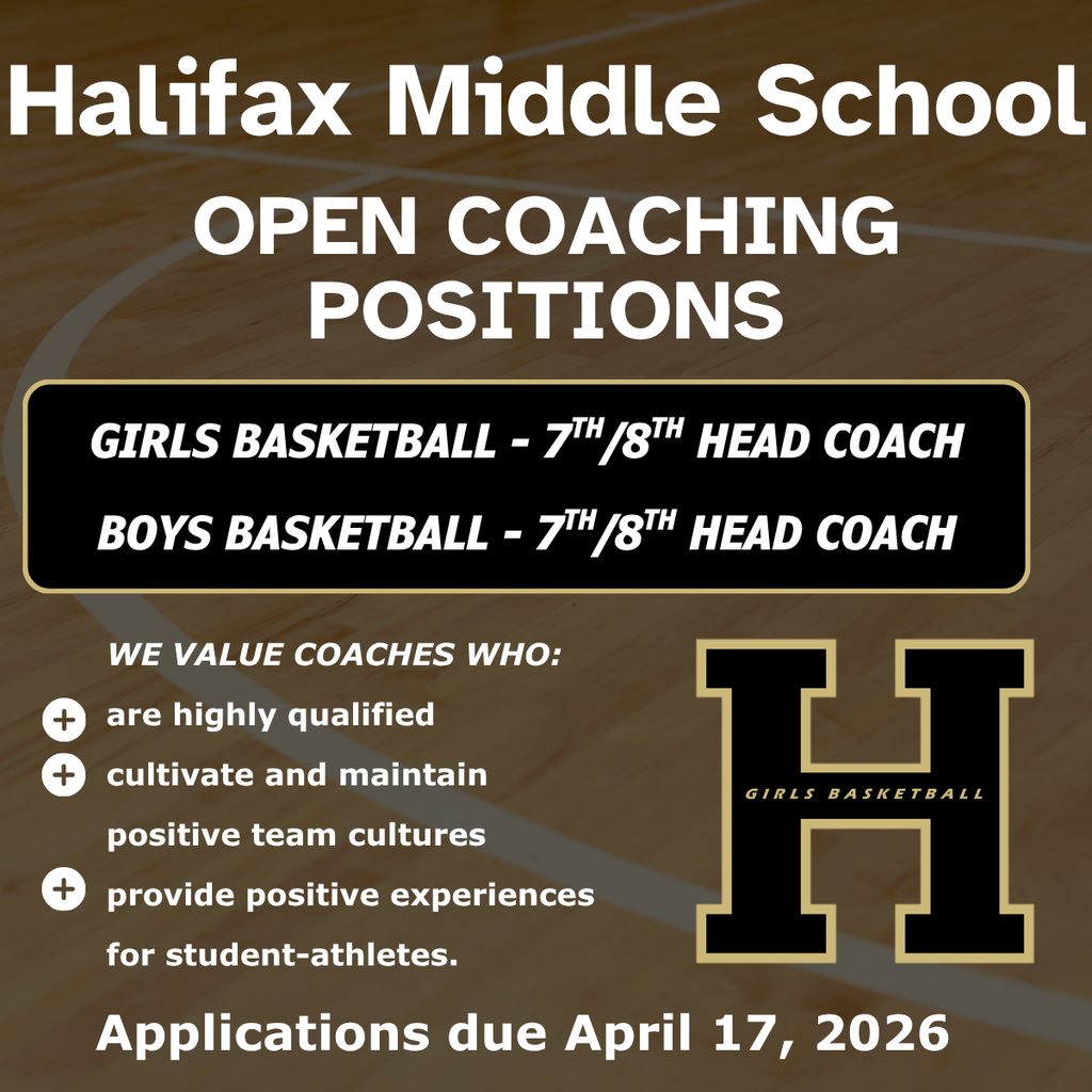 Halifax Area Middle School has two current coaching vacancies. We are seeking qualified applicants to be head coaches for both our 7th/8th GIRLS BASKETBALL and our 7th/8th BOYS BASKETBALL programs. hasd.us/page/coaching-…
