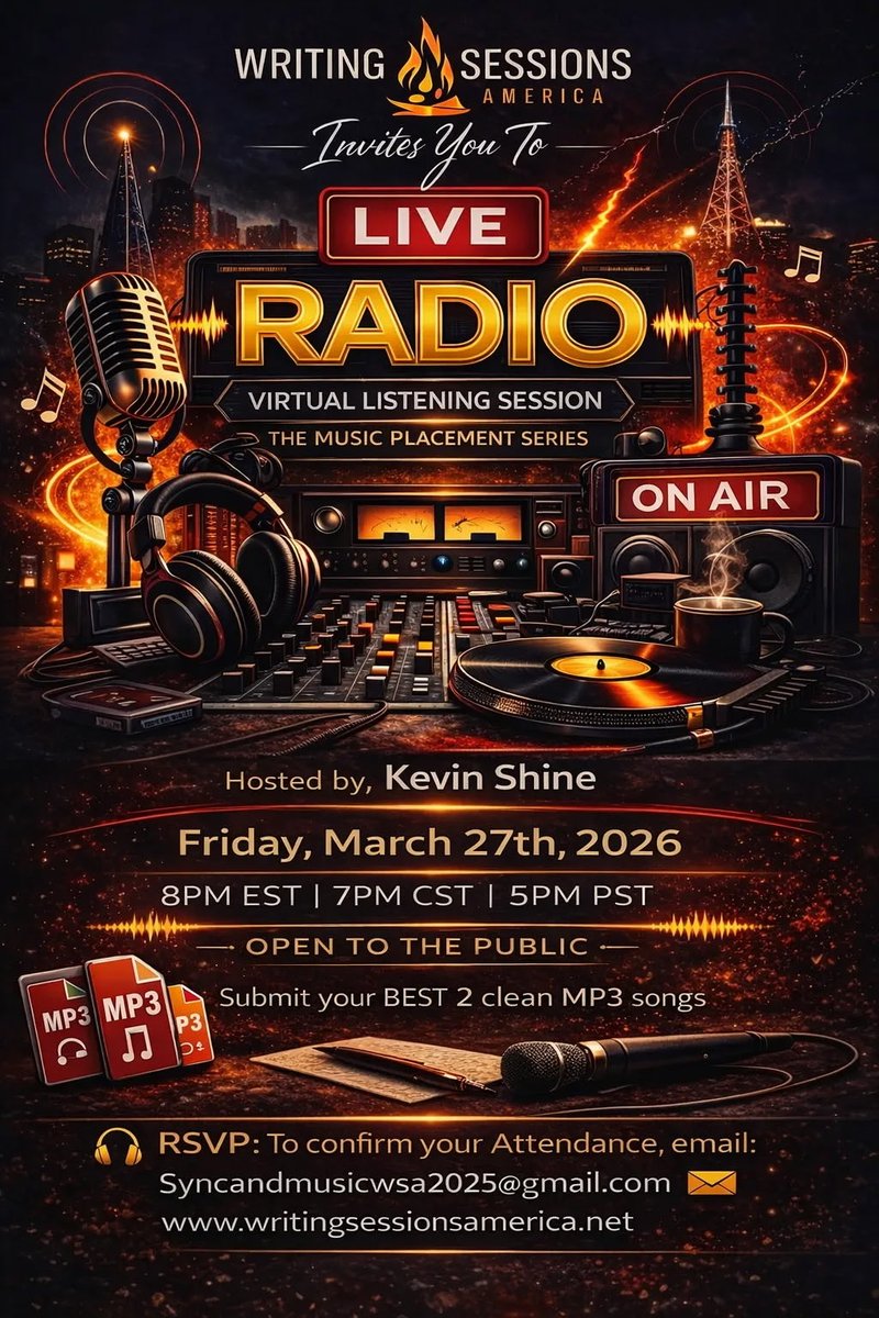 Kevin_AnR_Shine's tweet image. #WSA #LIVERadio #ListeningSessions “The #Placement Series “  its 13th year. #Friday, March 27, 2026 at 8pm EST for a powerful focus group and critique jam session designed for serious songwriters and producers. Submit 2 clean MP3s (radio edits, any genre) and your RSVP