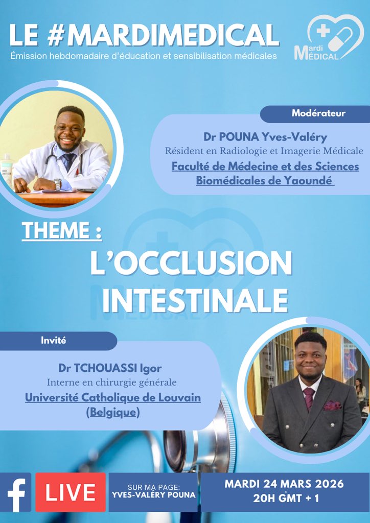 YvesValry1's tweet photo. C’est en compagnie du Dr TCHOUASSI Igor 👨🏾‍⚕️, interne en chirurgie générale à l’Université Catholique de Louvain🇧🇪 que nous parlerons demain soir de L’OCCLUSION INTESTINALE. 💫

#mardimedical #medecine #ah2m #occlusion #chirurgie #urgence #icu 

https://t.co/O4u3oKbjsG https://t.co/kdVUDoeCeE