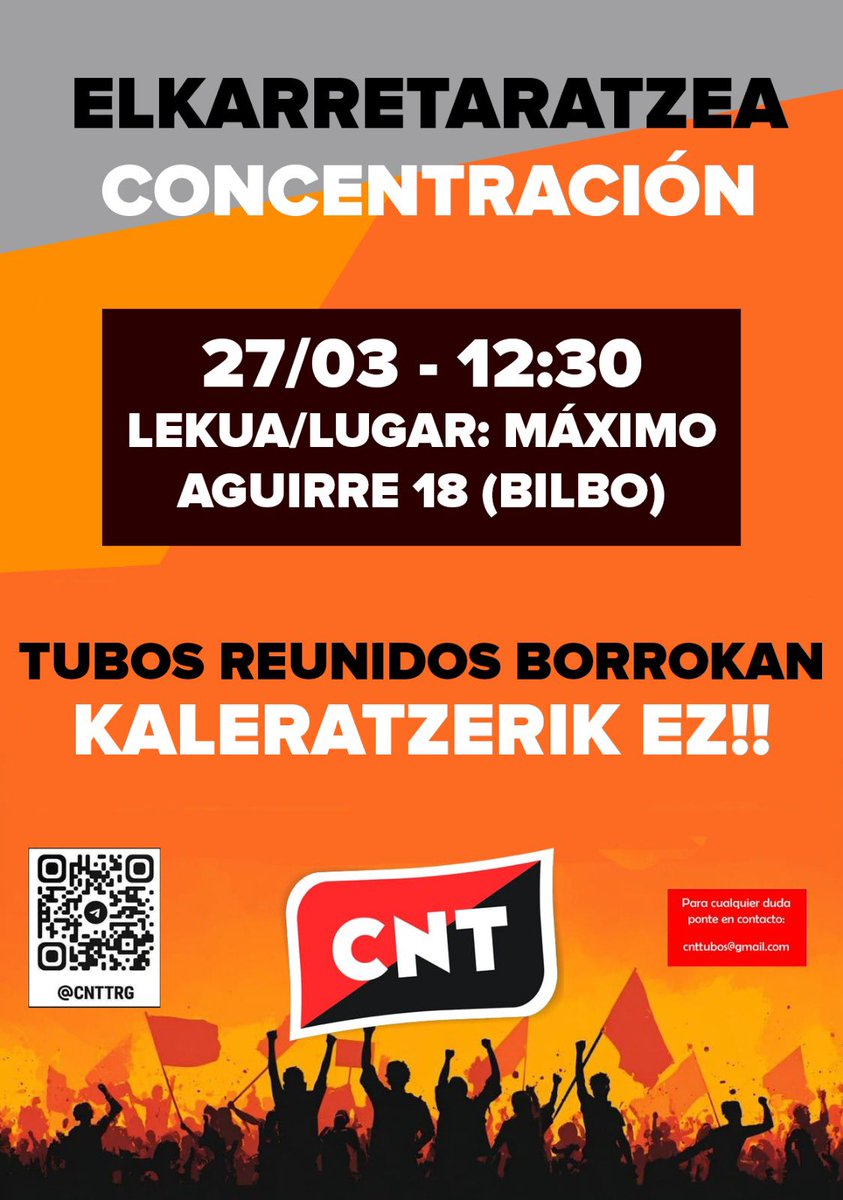 Este viernes, concentración ante la sede de Tubos Reunidos en Bilbo.
¡Acude!