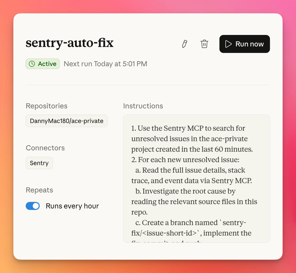 Scheduled Sentry auto-fix config