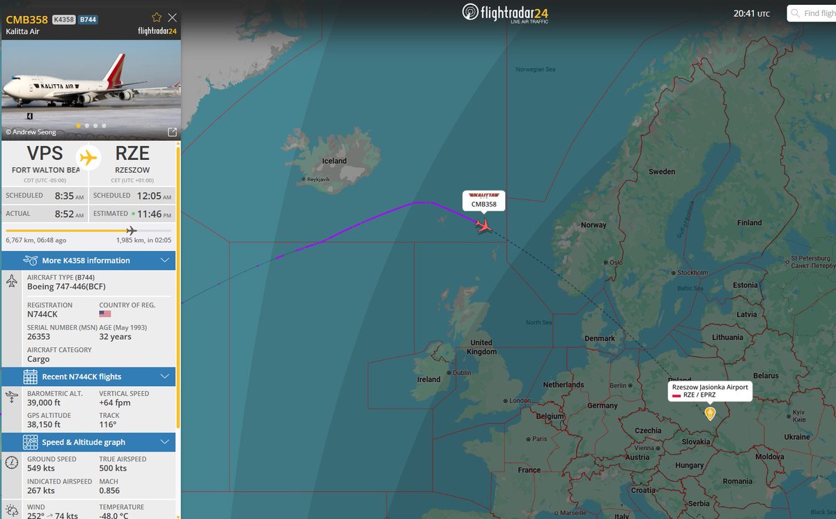 PolishMilRadar's tweet photo. 📅 23.03 🕘 21:42LT - 🇺🇸✈️ 747 zmierza do Rzeszowa
Z Bazy Lotniczej Eglin #KVPS w Stanach Zjednoczonych 🇺🇸 do Rzeszowa Jasionki #EPRZ 🇵🇱 leci ✈️ #CMB358 Boeing 747-446(BCF) linii lotniczej Kalitta Air 🇺🇸. Lot wykonywany jest na zlecenie Dowództwa Transportu Sił Zbrojnych USA #USTRANSCOM 🇺🇸. Samolot powinien lądować w Rzeszowie około północy (obecnie znajduje się nad Morzem Norweskim).
🔗 https://t.co/oOJQsbjmND
#POLMILRADAR