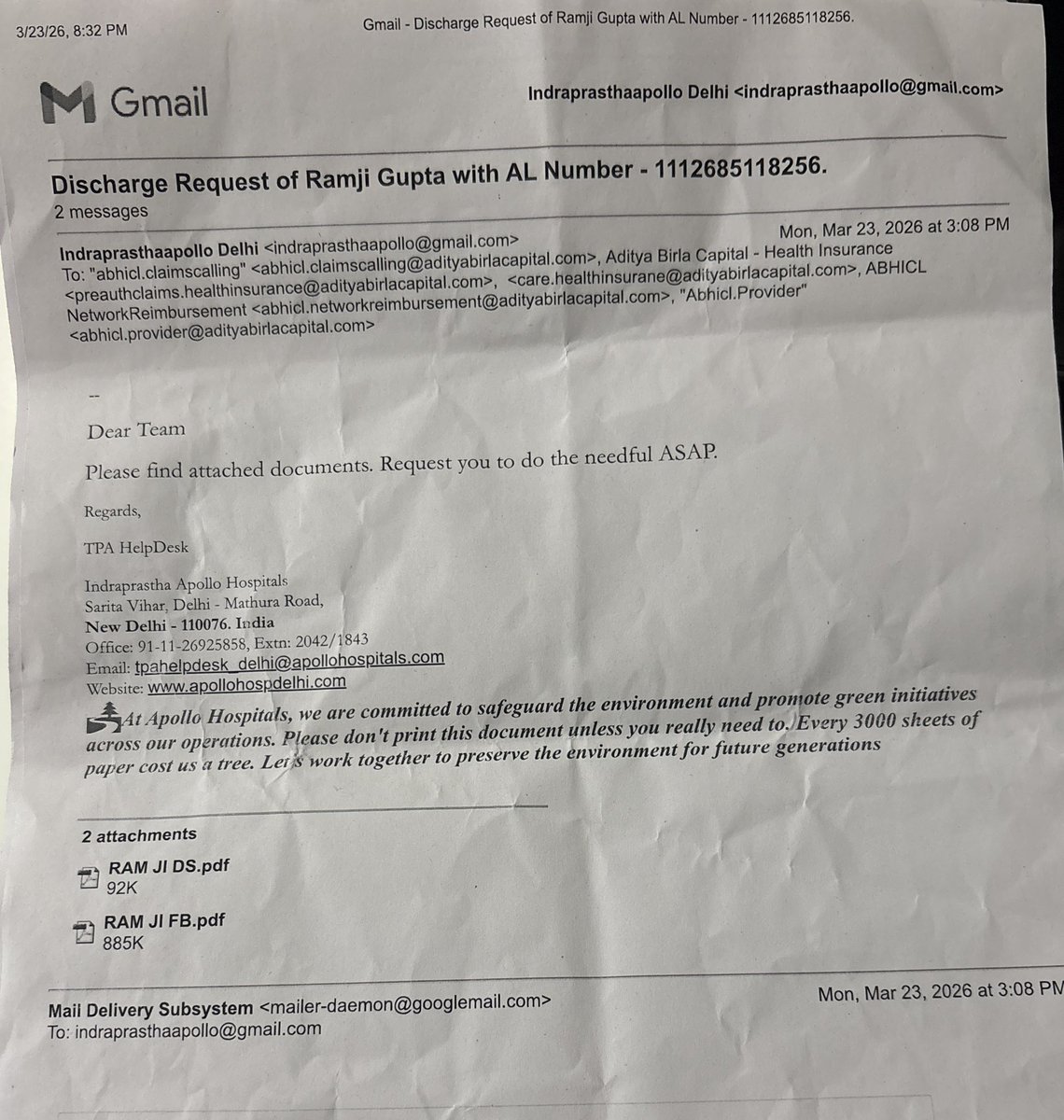 btigourav_goyal's tweet image. @AdityaBirlaGrp @ABHI_Cares 
Very poor experience with Aditya Birla Health Insurance discharge req3:08 PM&amp;amp;reminder at 7:14PM on your official emails yet cashless approval is still resolve AL N1112685118256  Indraprastha Apollo DL
#CashlessClaim #InsuranceFailure #HealthInsurance