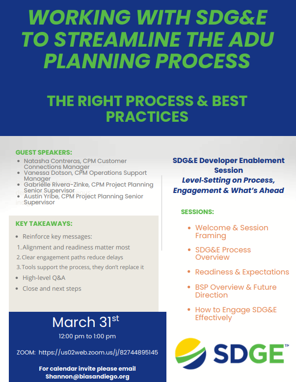 Critical seminar for ADU Contractors to fast-track their SDG&amp;E permits to as quickly as 15 days! Thank you to BIA San Diego's ADU Committee and this incredible working group led by <a href="/snap/">Snap Inc.</a>.adu and <a href="/streamline/">Streamline Metrics</a>.design . #ADU