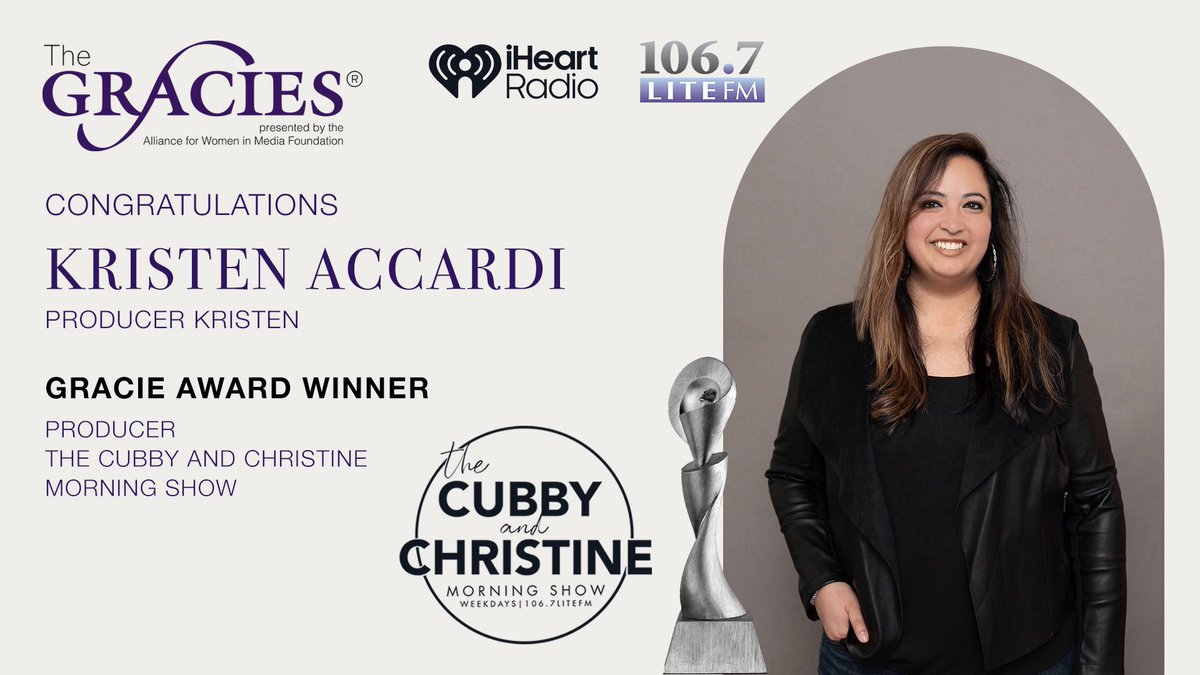 1067Litefm's tweet photo. Congratulations to our own @ProducerKristen on winning a Gracie Award 🏆 We are so proud of you! 👏 Thank you to @AllWomeninMedia for shining a spotlight on women in media 📻 #TheGracies https://t.co/JAuzCUET81