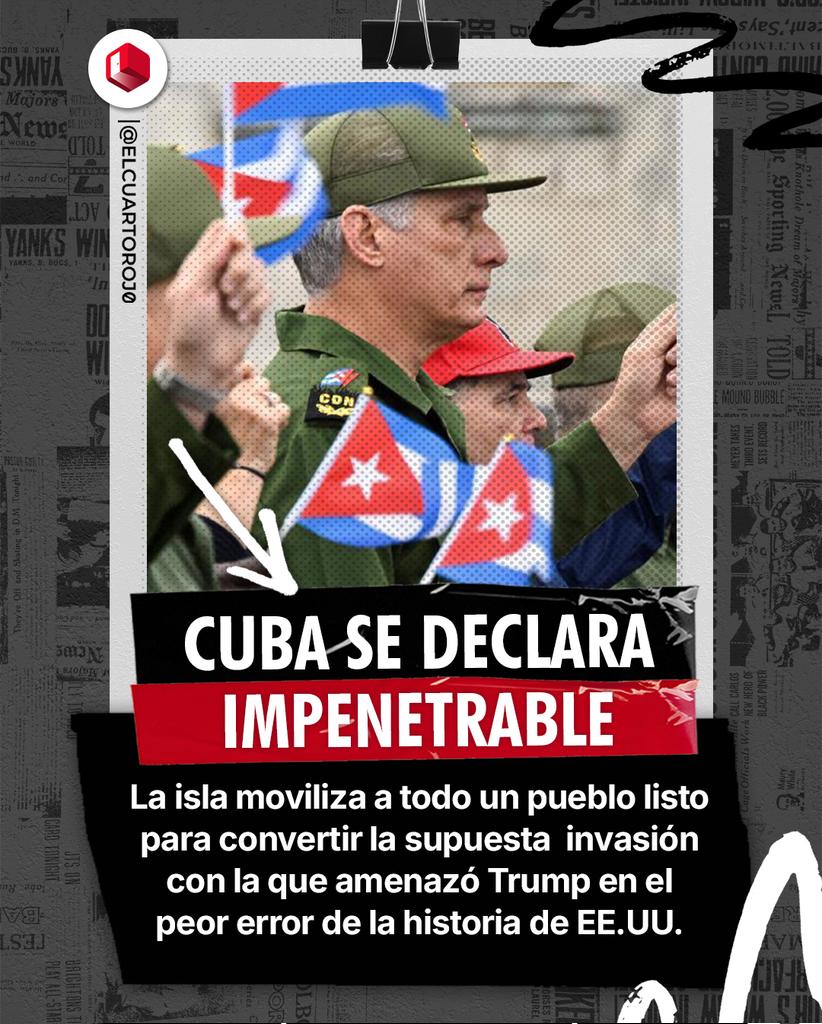 ElCuartoRoj0's tweet photo. #Atención Cuba responde a la amenaza de invasión de EEUU 🚨

Pdte Diaz Canel junto a su pueblo declaran a la isla como impenetrable.

Todo un país unido en contra del agresor. Cuba resiste históricamente. #23marzo https://t.co/FVLvGMLgMl