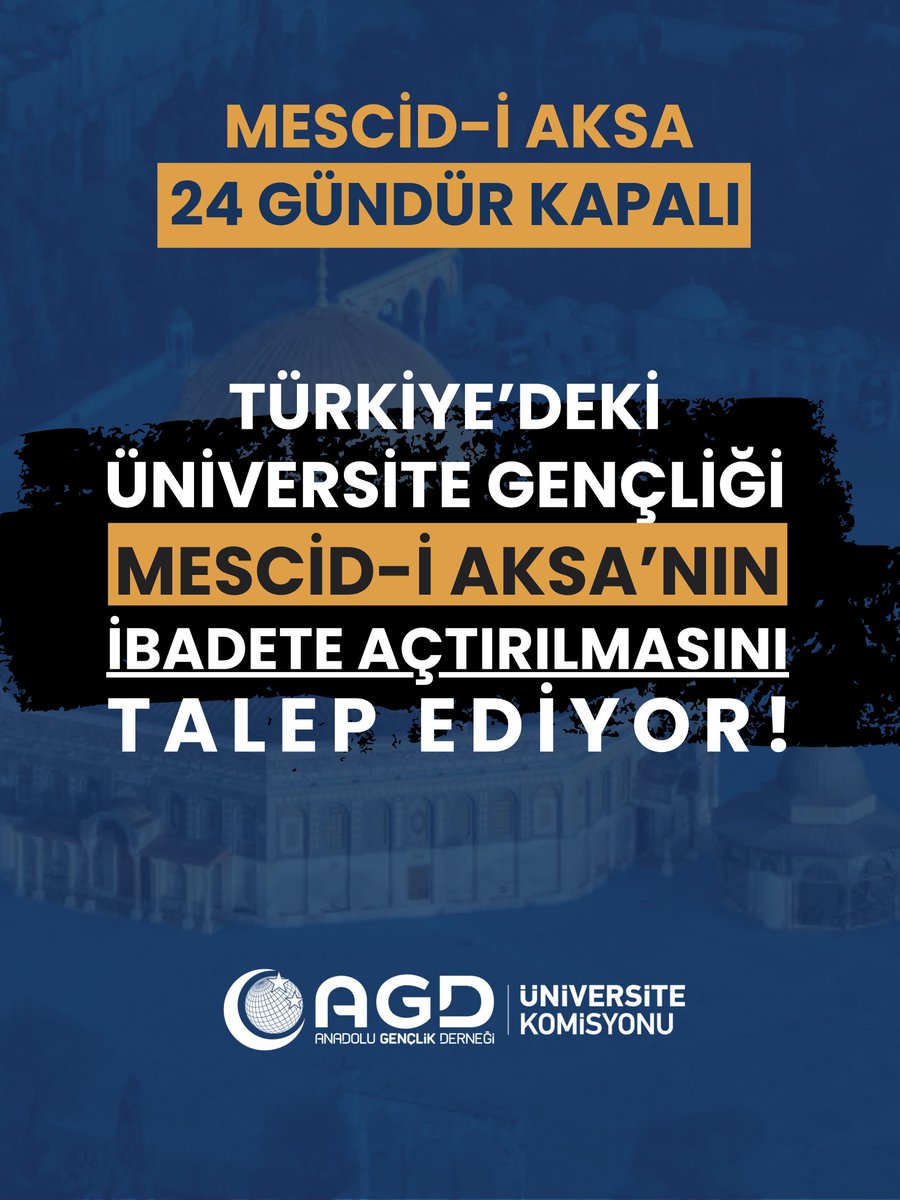 “Türkiye’deki üniversite gençliği, Mescid-i Aksa’nın ibadete açtırılmasını talep ediyor!”

İslam’ın ilk kıblesi, Miraç’ın eşiği ve ümmetin kalbi olan Mescid-i Aksa; tam 24 gündür işgalci siyonistlerin kirli bahaneleriyle ibadete kapatılmış durumdadır. Sözde “güvenlik” maskesi