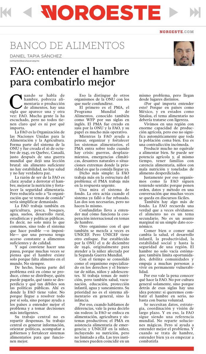 ¿Sabes realmente qué es la FAO y por qué importa? 

En la columna de esta semana en <a href="/noroestemx/">Noroeste</a>  explico por qué entender cómo funciona la cooperación internacional en temas de hambre no es solo cultura general , es el primer paso para combatirlo en serio.

<a href="/FAOMexico/">FAO México</a> <a href="/FAO/">Food and Agriculture Organization</a>
