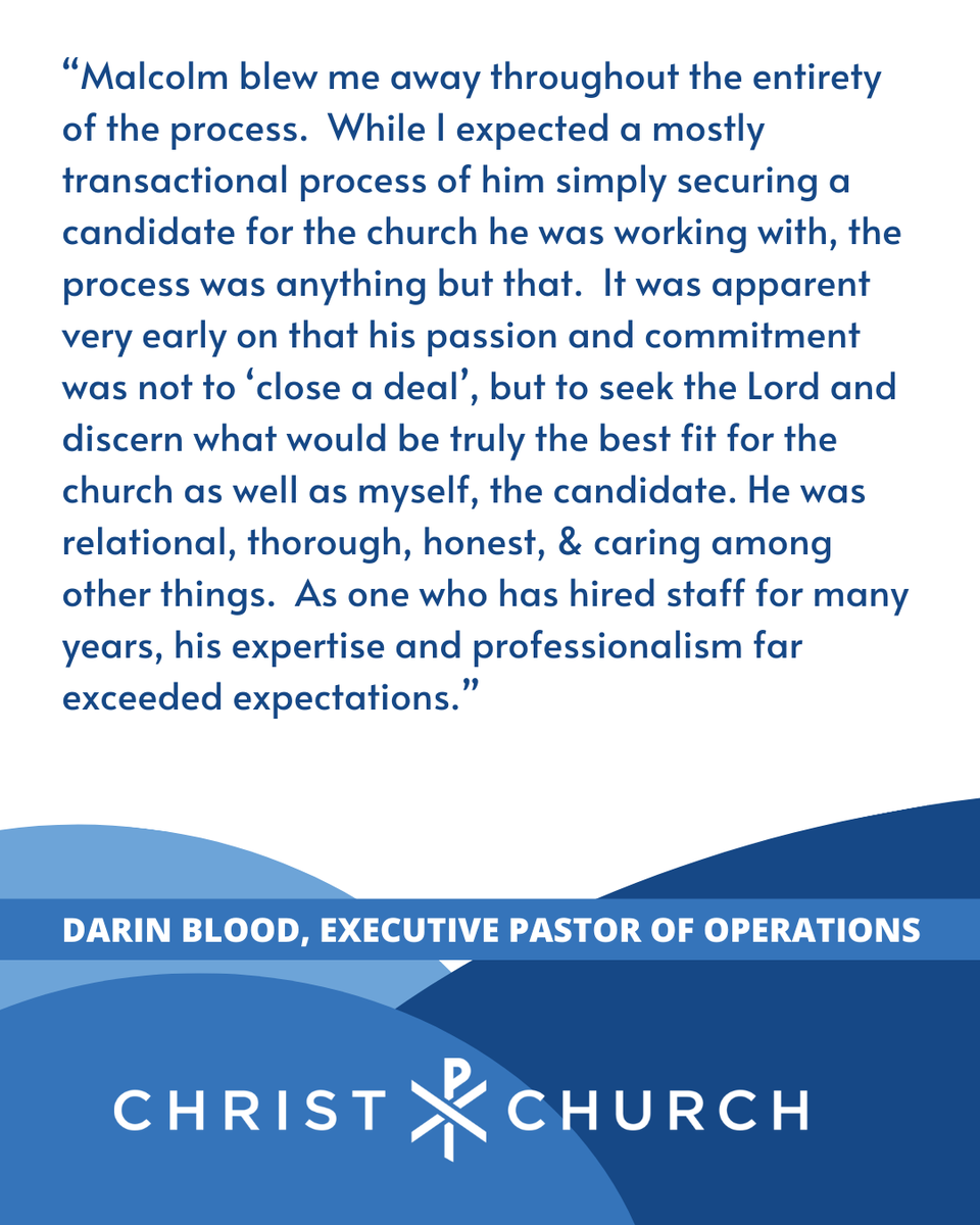 BlueSearchCo's tweet photo. 📢 We are so excited to announce Darin Blood’s placement as the new Executive Pastor of Operations for Christ Church in Mesa, AZ!

Darin brings an abundance of operations and pastoral leadership experience into this new season at Christ Church.

🗣 “Malcolm from Blue Search was a pleasure to work with. He clearly understood what we needed, communicated every step effectively, and provided expert guidance throughout the process. His professionalism and insight made the search process smooth and manageable. We truly appreciated his support and would highly recommend him to anyone looking for a skilled and reliable recruiter.” ~ Jeffrey Carlson, Senior Executive Pastor

🗣 “Malcolm blew me away throughout the entirety of the process. While I expected a mostly transactional process of him simply securing a candidate for the church he was working with, the process was anything but that. It was apparent very early on that his passion and commitment was not to ‘close a deal’, but to seek the Lord and discern what would be truly the best fit for the church as well as myself, the candidate. He was relational, thorough, honest, & caring among other things. As one who has hired staff for many years, his expertise and professionalism far exceeded expectations.” ~ Darin Blood, Executive Pastor of Operations

Christ Church is a multisite church in the greater Phoenix area with 4 locations and counting!

#executivepastor
#ministryjobs
#pastorsearch
#churchjobs
#ministryplacement