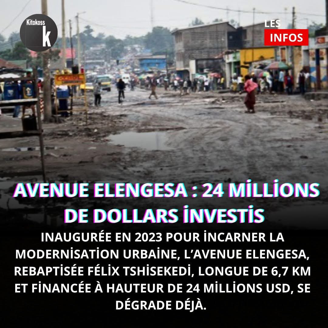 🔴🇨🇩 #Kinshasa : 24 millions engloutis, une route déjà en ruine

Inaugurée en 2023 pour incarner la modernisation urbaine, l’avenue Elengesa, rebaptisée Félix Tshisekedi, longue de 6,7 km et financée à hauteur de 24 millions USD, se dégrade déjà. Nids-de-poule, chaussée fissurée