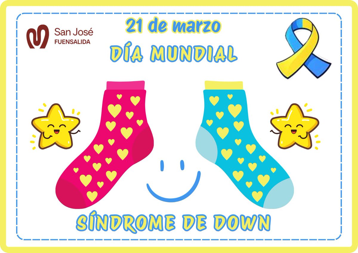 CSANJOSEFUENSA's tweet photo. "Diferentes pero iguales en derechos y sueños. Hoy llenamos nuestras calles de calcetines desparejados para recordar que la diversidad siempre suma. 💙💛 #TanComoTú #21Marzo" https://t.co/wKQVU1LPzU