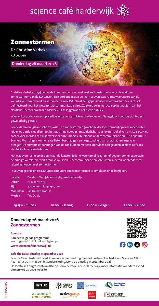 sciencecafehw's tweet photo. Donderdag 26 maart laatste Science Cafe van het seizoen. Christine Verbeke als ruimteweer onderzoeker vertelt over het effect van zonnestormen op ons internet en andere communicatiemiddelen.
Ook wordt een tipje van de sluier  opgelicht over ons lustrum wat start op 1 september. https://t.co/bVAt8QX3B3