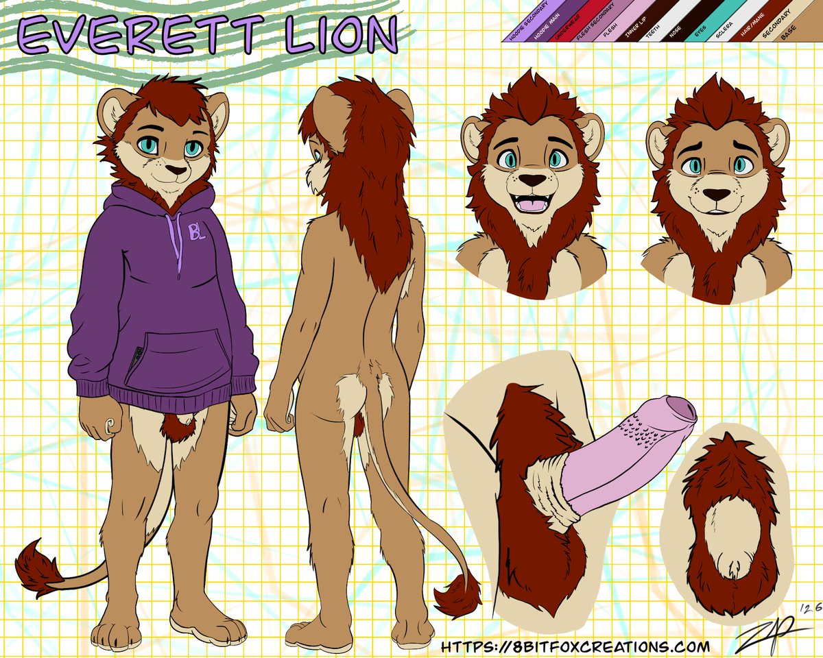 Character sheet for furaffinity.net/user/demonicbe… of Everett Lion #charactersheet #lion #feline #hoodie #bottomless #sheath #balls #butt #pubichair #nude #naked