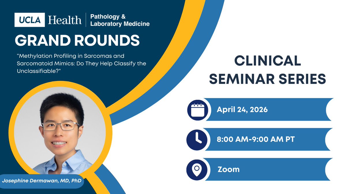 UCLA_Pathology's tweet image. 🎙️ Join us for Grand Rounds on Fri 4/24 at 8:00 AM PT featuring Dr. Josephine Dermawan presenting on "Methylation Profiling in Sarcomas and Sarcomatoid Mimics: Do They Help Classify the Unclassifiable?"

Full schedule ➨ bit.ly/3BMx0E3 

#Pathology #Path2Path #PathX
