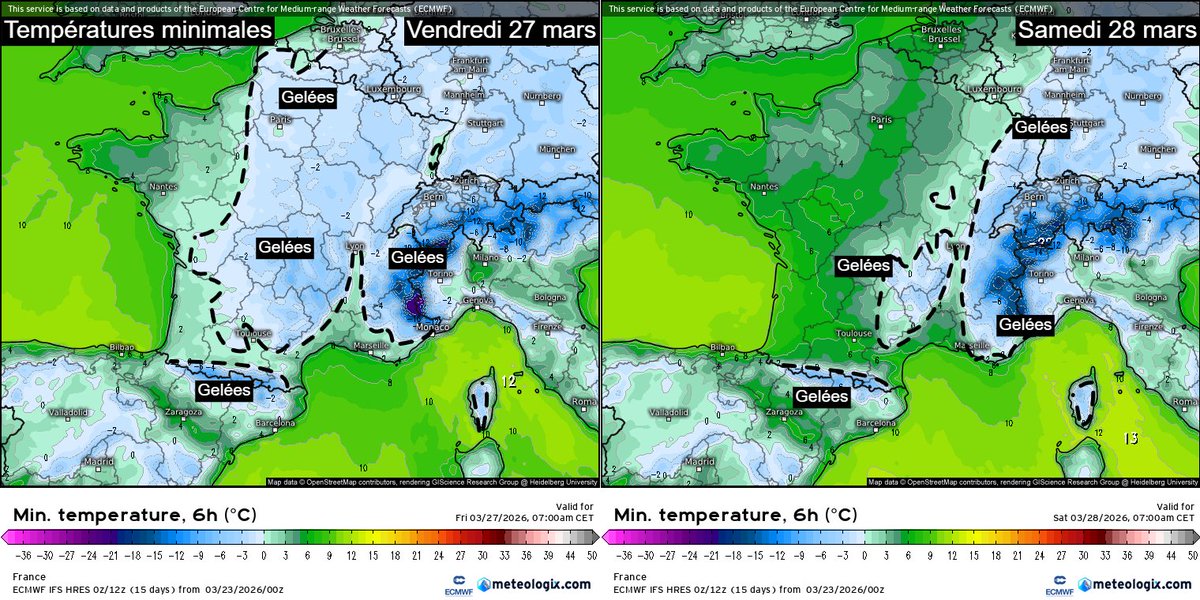 Meteovilles's tweet image. 🥶Il conviendra de surveiller le risque de #gel en fin de semaine sur la #France, notamment vendredi matin où celui-ci pourrait se montrer généralisé et localement marqué, induisant un risque pour la végétation. 
Cartes : ECMWF HRES via meteologix