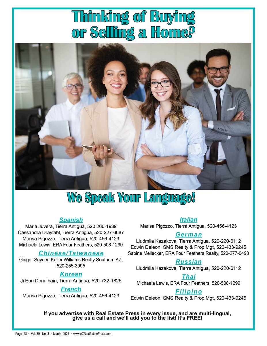 Buying or Selling a Home in #SouthernArizona? We Speak Your Language!! Call one of our #BilingualRealtors -- #Spanish, #Chinese, #Taiwanese, #French, #Italian, #Korean, #German, #Russian, #Portuguese, #Filipino, and English. AZRealEstatePress.com