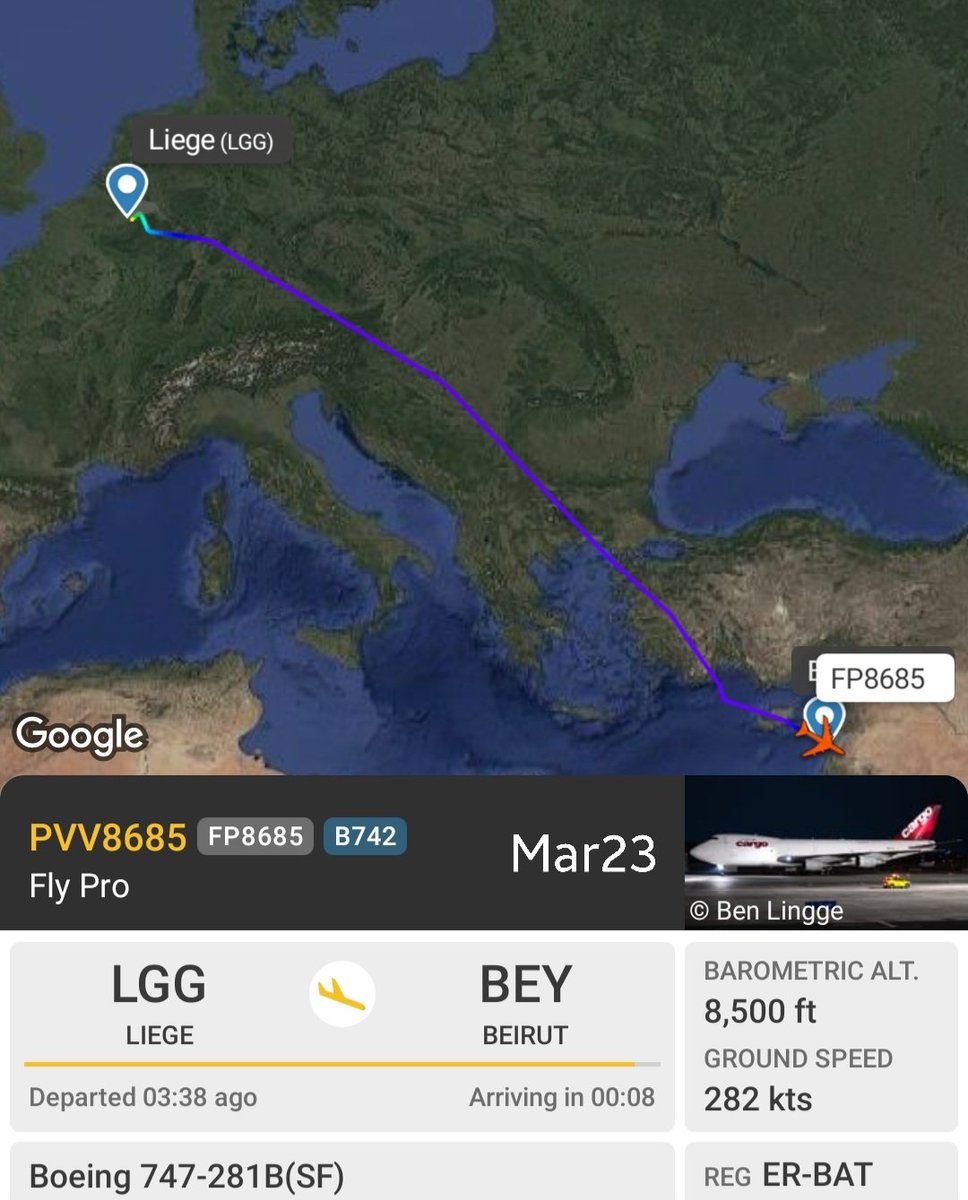 LebanonJets's tweet photo. #ERBAT FlyPro Modlova into Beirut from Liege as #FP8685 Tunis later. 39-year old 747-281 BSF MSN 23813 LN 683 delivered as passenger variant to ANA in 1987 #JA8182 converted to freighter in 2001 then ex #4LRMS #APBKS #EK74723 Queen's sister #ERBAR was here on Aug21,2025 https://t.co/Law3kew4sb