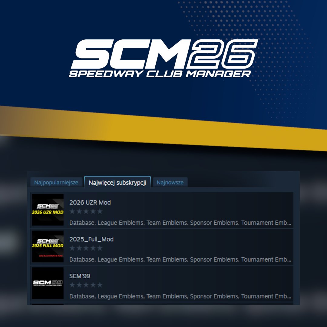 SpeedwayClubMan's tweet photo. Sprawdzamy jak radzi sobie nasz Warsztat Steam - podium najpopularniejszych modyfikacji do SCM 25 otwiera 2026 UZR Mod, dzięki któremu rozegracie nadchodzący sezon według aktualnych składów 💪🔥
W przyszłym tygodniu pierwsze informacje nt. nowości w Speedway Club Manager 26! 🥳😎 https://t.co/4Kxi4z7phK
