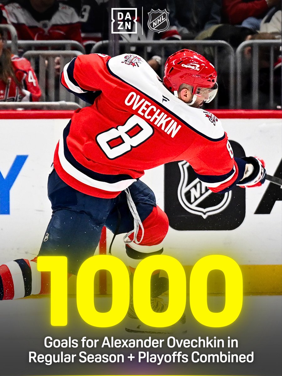 DAZN's tweet image. Alex Ovechkin becomes just the second player in NHL history to score 1,000 career regular season + playoff goals 💪

#NHLonDAZN | #Capitals | #Ovechkin | #NHL