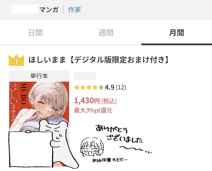 電子単行本、月間1位もらえてました～本当にありがとうございます😭🐻 