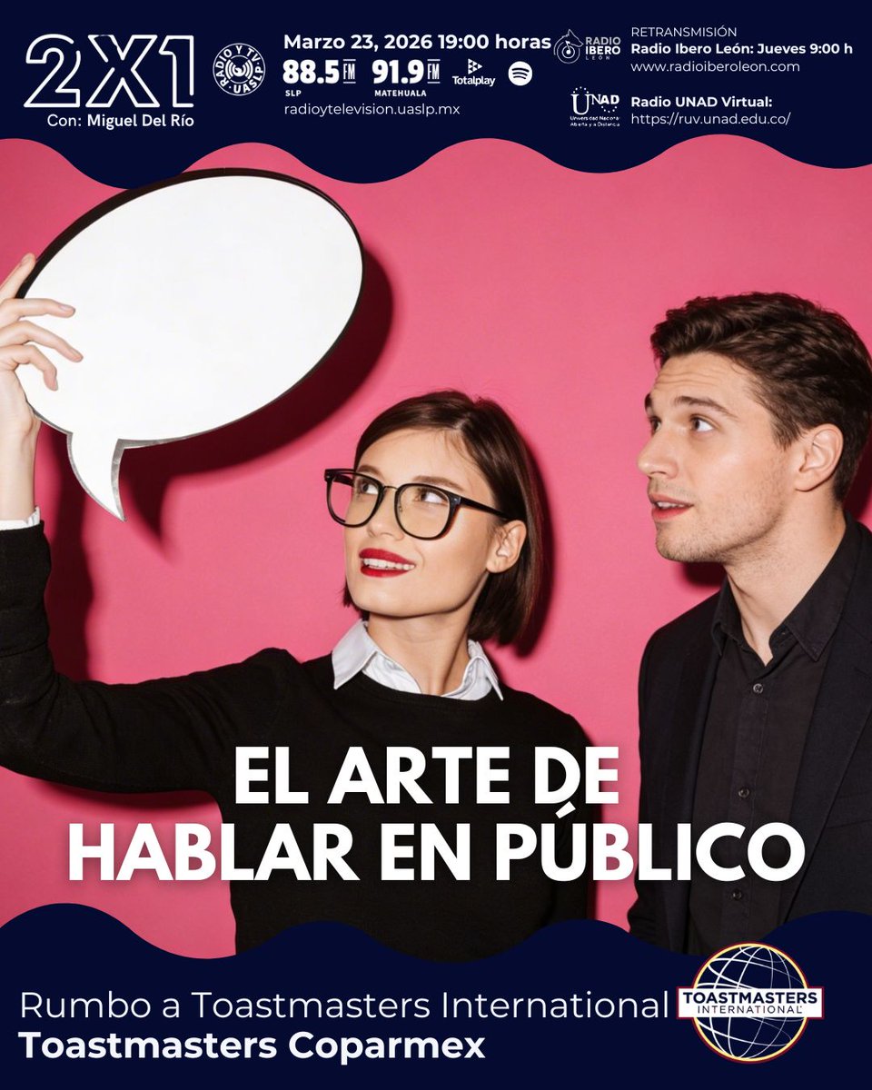 migueldelriomx's tweet image. 🎙️✨ Hoy en #2X1 🗯️El Arte de Hablar en Público: Rumbo a Toastmasters International

Conversamos con Osvaldo Rodríguez (Presidente Toastmasters Coparmex) y los ganadores de 2025 para🎤saber cómo estructurar ideas en minutos y persuadir con claridad🚀

#Toastmasters #Comunicación