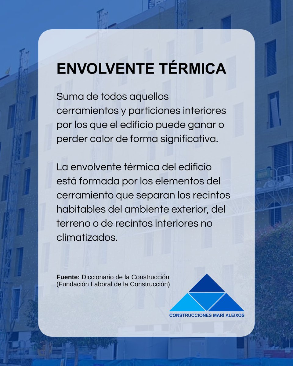 ConsMariAleixos's tweet photo. 📘 Envolvente térmica: Suma de todos aquellos cerramientos y particiones interiores por los que el edificio puede ganar o perder calor de forma significativa (Fundación Laboral de la Construcción).

🔗 https://t.co/rJEPyziFl3 https://t.co/dDa02AcKmR