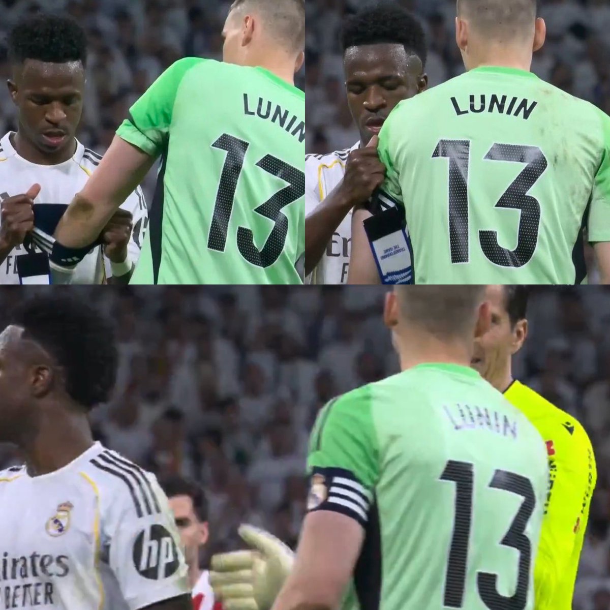 Juezcentral's tweet photo. De lo mejor del Derby de Madrid. Vinicius sale de cambio y va a entregarle la cinta de capitán a Lunin, que se convierte en el primer ucraniano en la historia en capitanear al Real Madrid.

Lunin lleva desde 2018 en el Madrid. Siempre suplente, con poco ritmo y con su país en guerra (y lo que ello significa psicológicamente), Lunin siempre ha respondido cuando le ha tocado entrar. 

Ayer, figura para mantener la victoria del Real. Trabajo silencioso, asumiendo su lugar y siempre respondiendo. 

Tu momento va a llegar, Andriy.