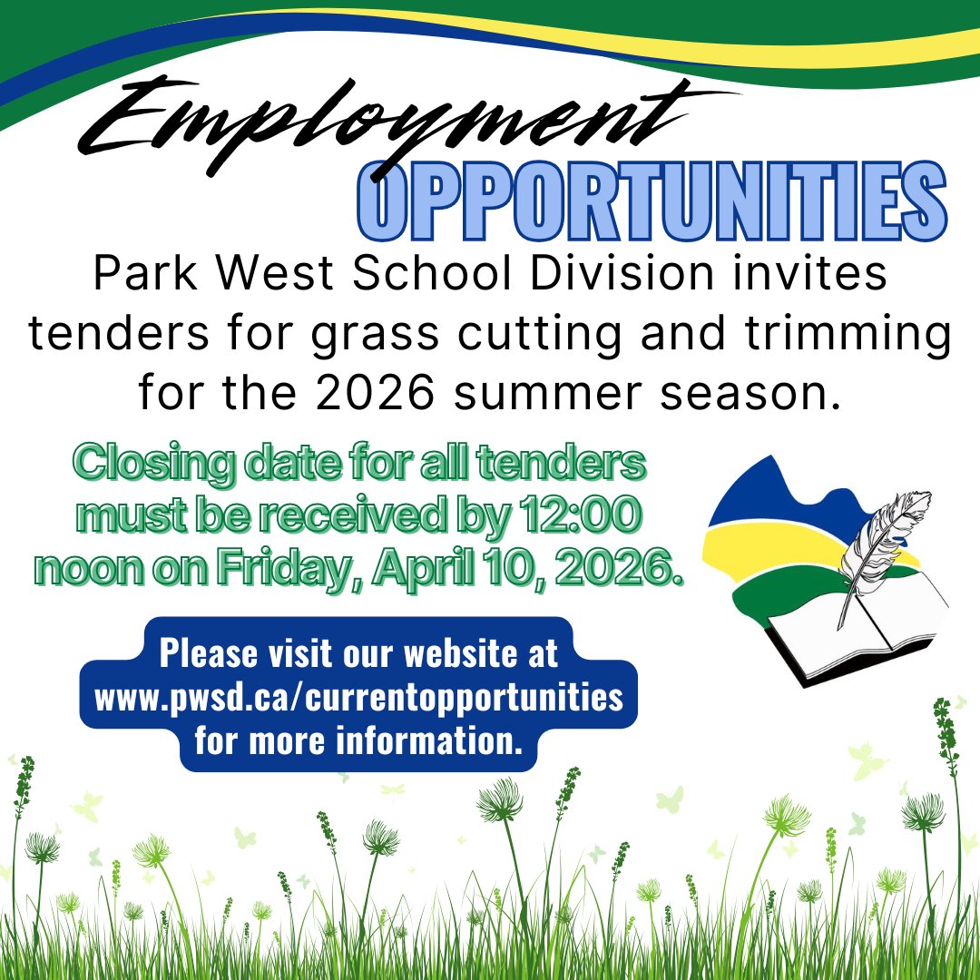 🌿 Friendly reminder

Applications for summer grass cutting tenders close soon.
⏰If you have been thinking about applying, now is the time to get it in.
🌐 pwsd.ca/currentopportu…