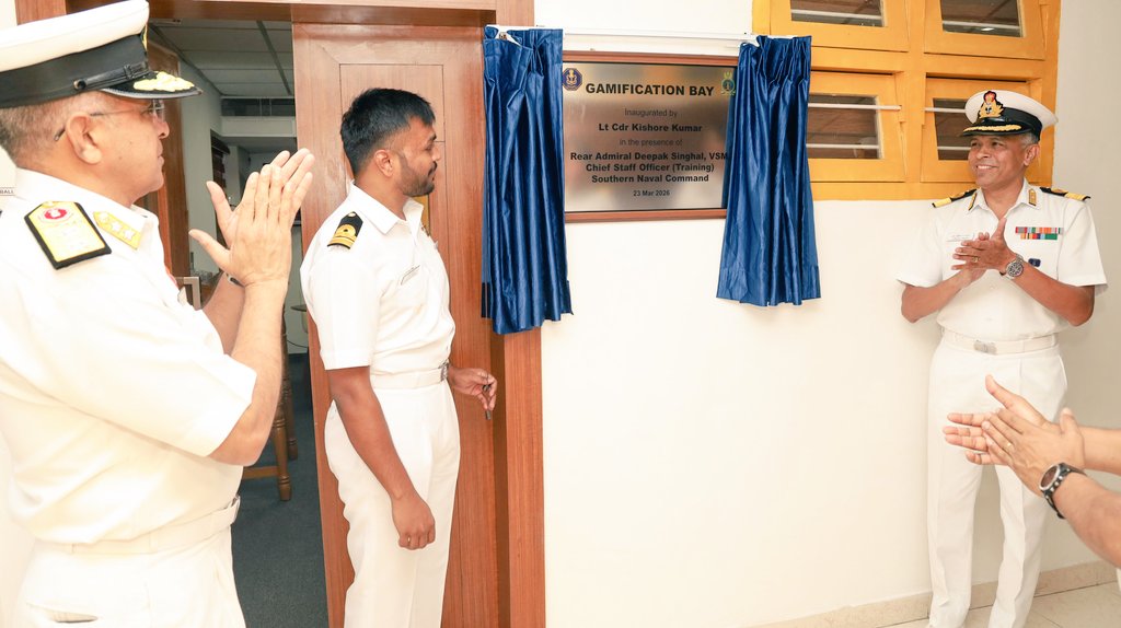 IN_HQSNC's tweet image. Gamification in Naval Training

In a maiden initiative at #SNC, Lt Cdr Kishore Kumar inaugurated a 'Gamification Bay' at Naval Institute of Educational and Training Technology (NIETT), #Kochi on #23Mar 26 in the presence of RAdm Deepak Singhal, CSO(TRG),HQSNC.
Four educational