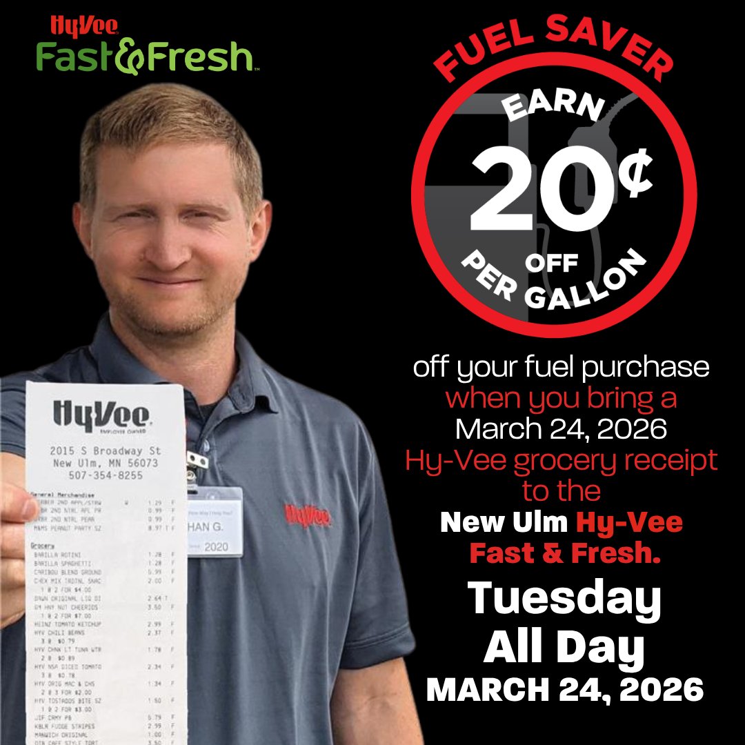 HyVeeNewUlm's tweet photo. Fuel up for less! 💥
Bring your Tuesday Hy‑Vee grocery receipt and score 20¢ OFF per gallon at New Ulm Hy‑Vee Fast &amp; Fresh 🧾🔥
Tuesday • All Day https://t.co/m1CZBMaPnW