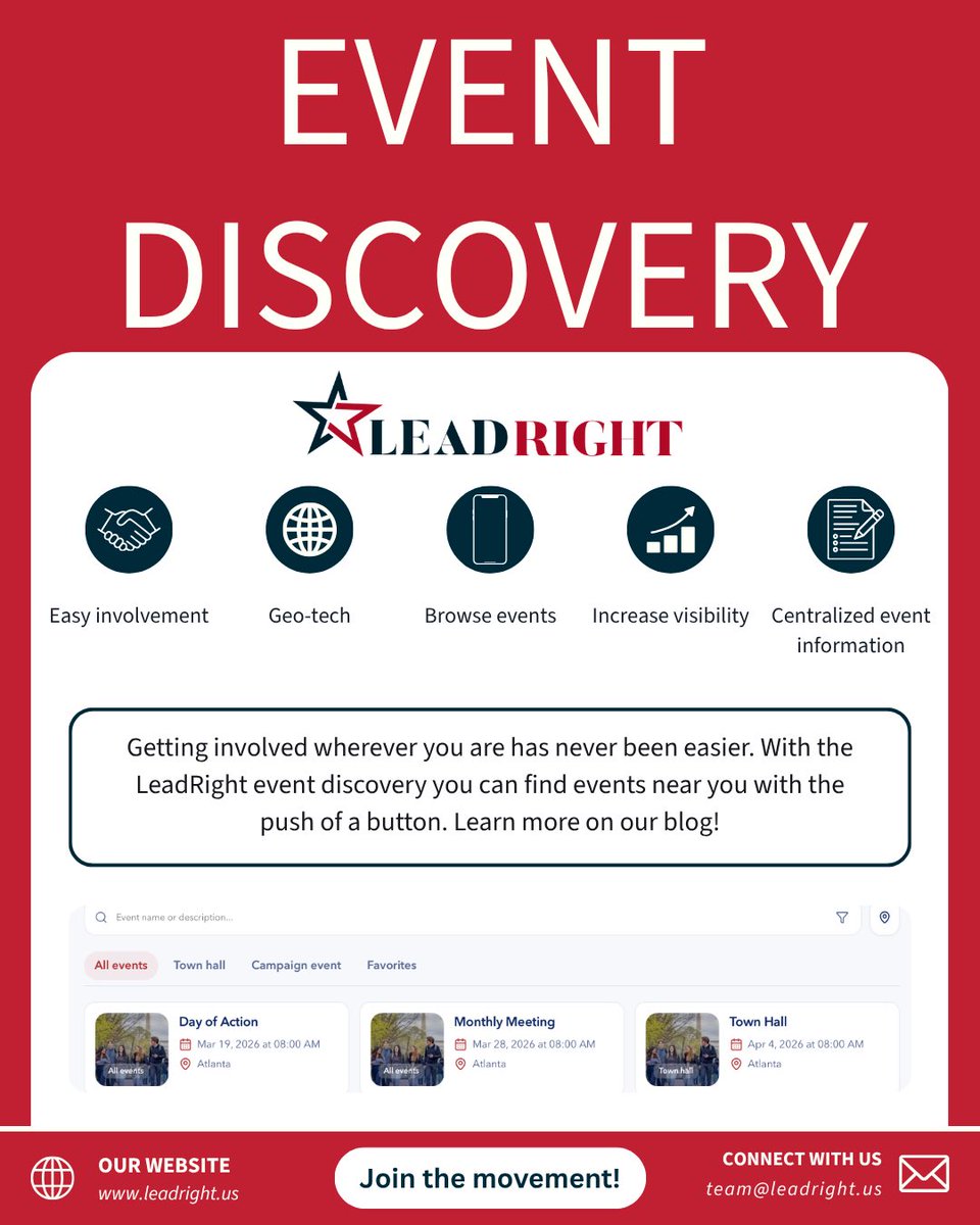 LeadRightAmeri's tweet image. The hardest part of events isn’t planning… it’s getting people to show up. LeadRight’s Event Discovery solves that. 

Using geo-tech and an intuitive interface, we make it easier than ever to get involved. #LeadRight #LRA #LeadRightAmerica #Events