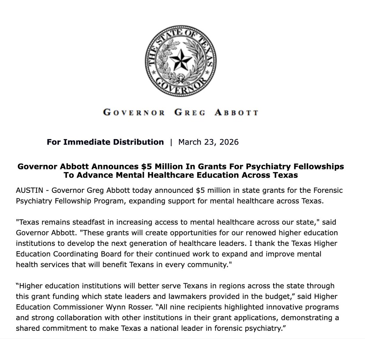 MeridithDyer_'s tweet photo. .@GregAbbott_TX announced $5 million in state grants for the Forensic Psychiatry Fellowship Program, which will "create opportunities for our renowned higher education institutions to develop the next generation of healthcare leaders." https://t.co/230dEJdq4e