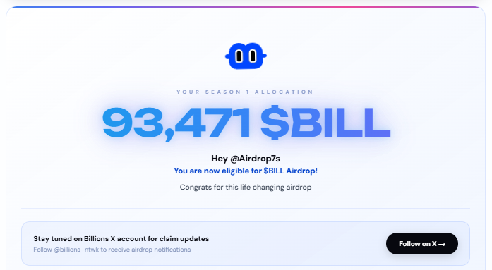 Good Night Friends ,, 

$BILLION Unofficial Checker Live 

bill-airdrop.vercel.app

☞ Submit Email 
☞ Submit Twitter Username 
☞ Submit Discord Username 
☞ Must Submit Your Any Tweet Link 

Drop Your $BILL Allocation Screenshot in Comment Below .